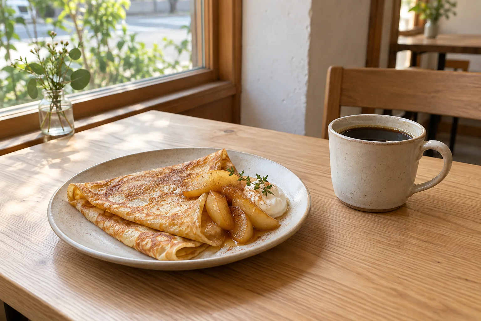 木のテーブルに置かれたコーヒーとクレープ