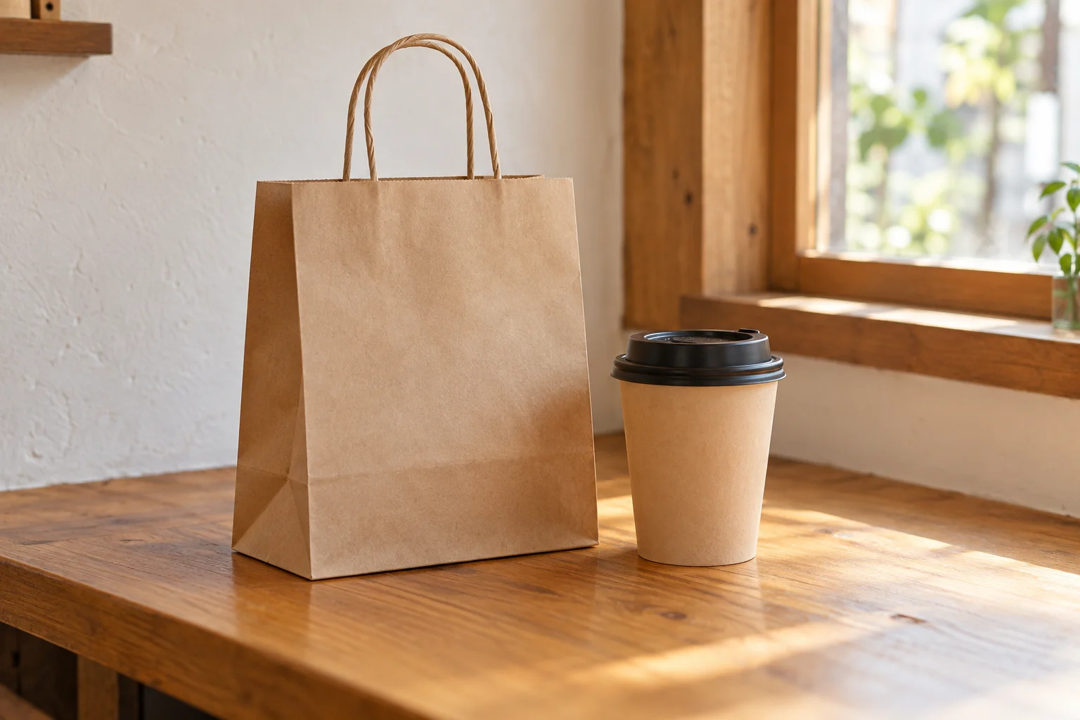 木のカウンターに置いた無地の紙袋と持ち帰り用のコーヒーカップ